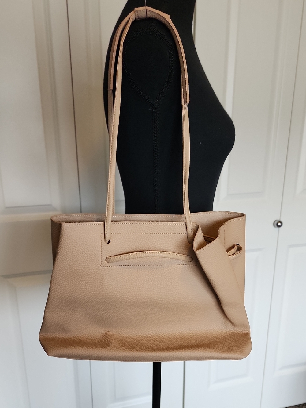 Women's Beige Pebbled Tote Bag with Long Straps